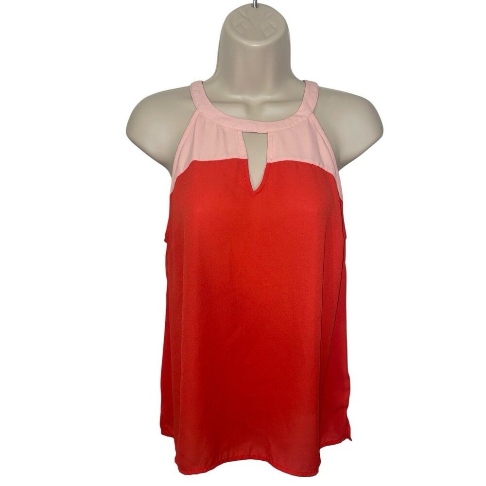Skies Are Blue Red and Light Pink Colorblock Keyhole Tank Top